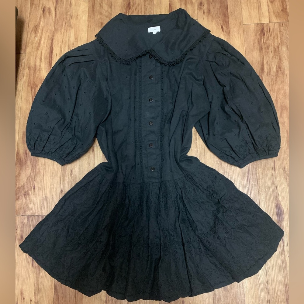 LPA Elegant Botton Down Puffed Sleeves Oversized Black Dress 100 % Cotton Lined